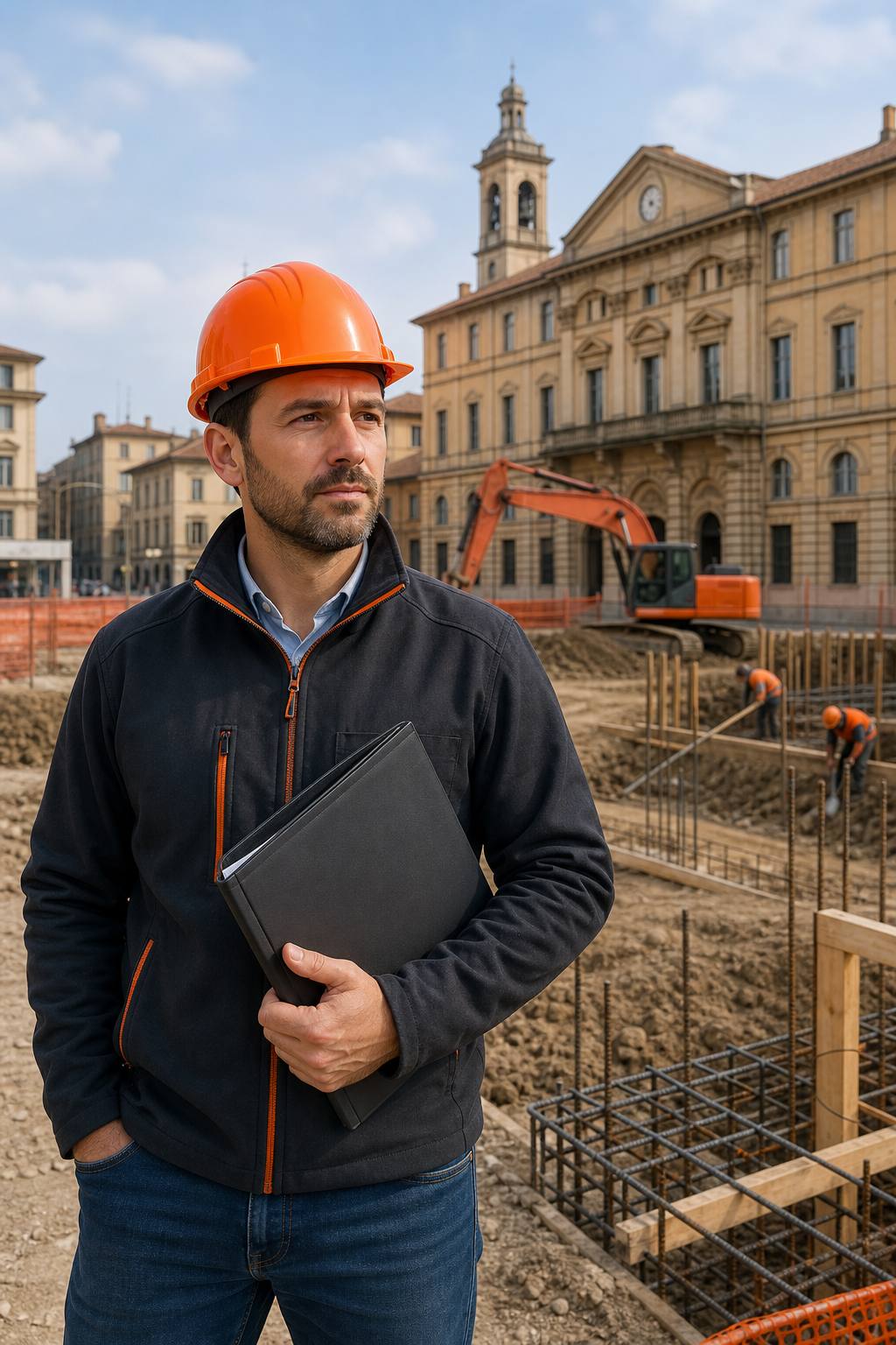 Un geometra in primo piano con casco e cartella, davanti a un cantiere edile ad Alessandria, con palazzi storici sullo sfondo. Alt: Geometra ad Alessandria al lavoro su un cantiere edile.