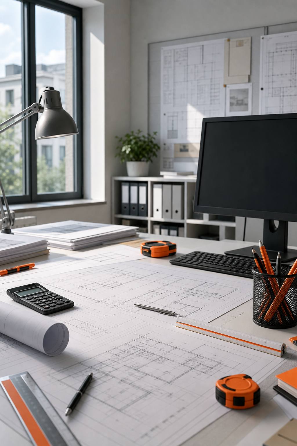 Tavolo da lavoro di uno studio tecnico con planimetrie, computer e strumenti di misura. Alt: Servizi di un geometra ad Alessandria: planimetrie e pratiche catastali.