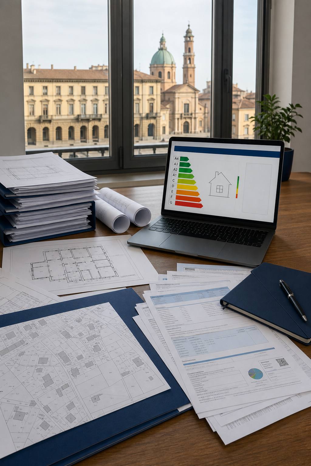 Una scrivania con documenti catastali, planimetrie, bollette e un computer portatile che mostra un software APE. Alt: Documenti necessari per APE ad Alessandria.