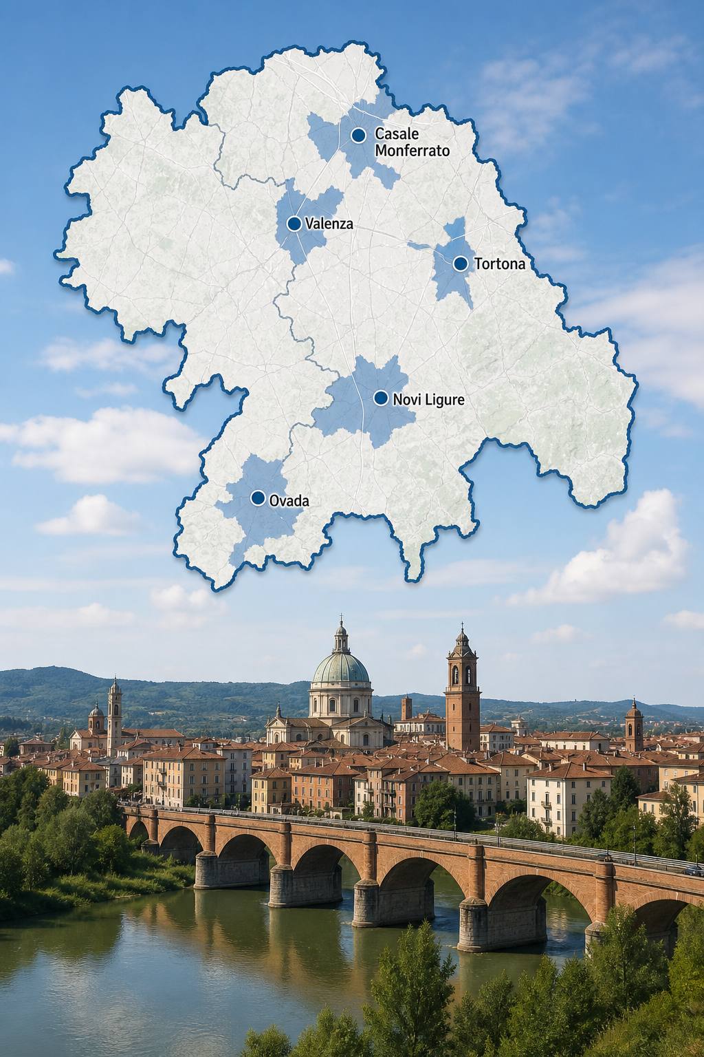 Mappa della provincia di Alessandria con evidenziati i principali comuni: Casale Monferrato, Tortona, Novi Ligure, Valenza, Ovada. Alt: Provincia di Alessandria, zone servite da studio tecnico